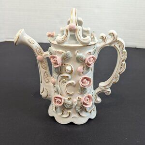 Vintage Bone China White Flower Watering Can Vase Pink Applied Flowers Gold Trim